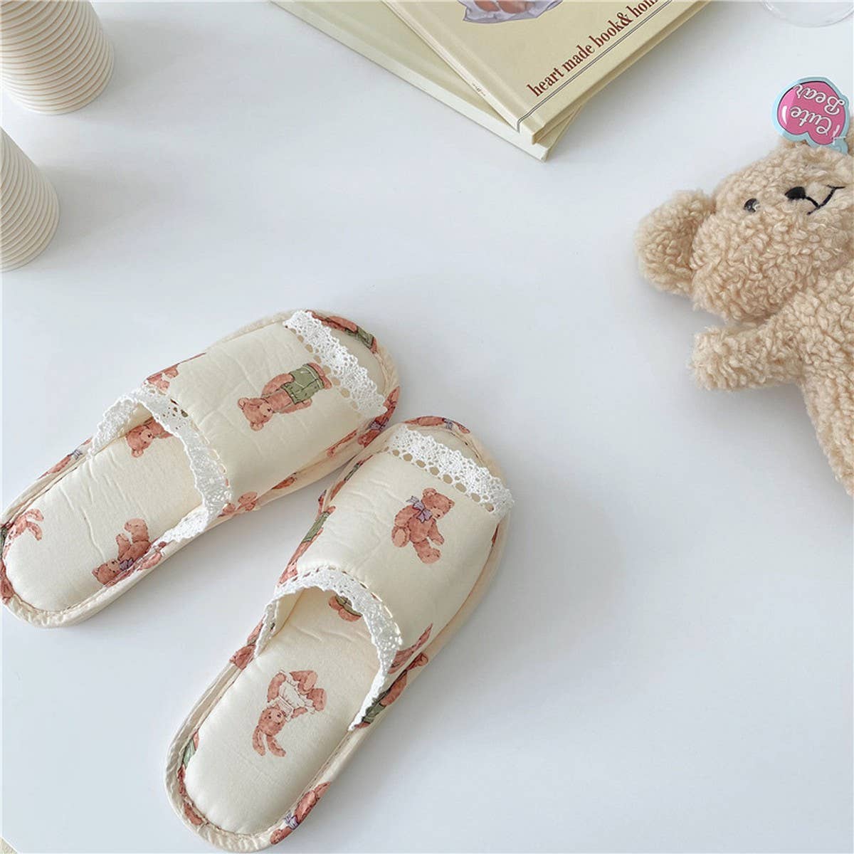 VINTAGE LACE RABBIT BEAR OPEN TOE HOME SLIPPERS