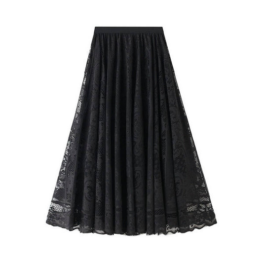 High-Waist A-Line Midi Skirt with Lace Overlay