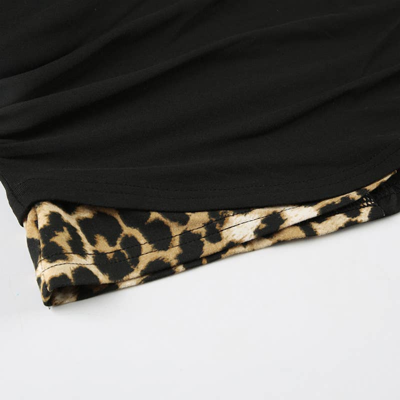 Leopard print fake two neckline slimming Top