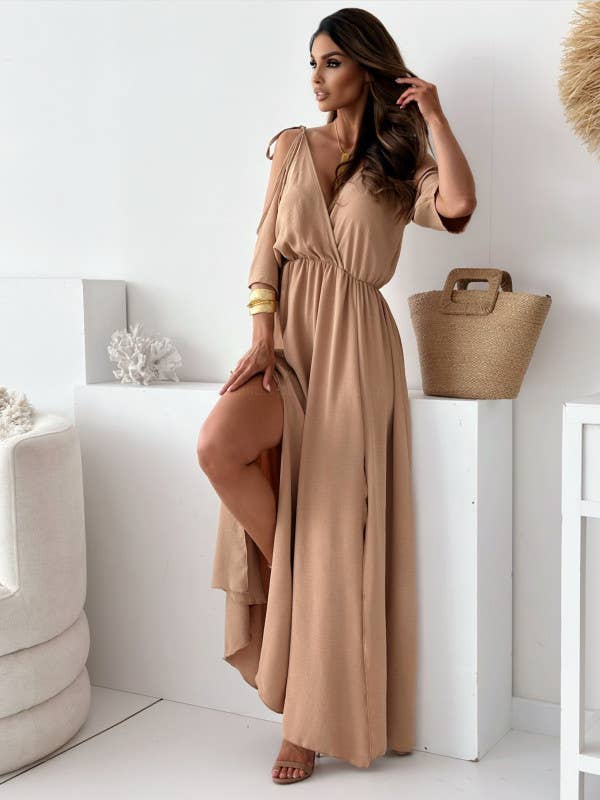 V-neck slit shoulder sleeves sexy halter dress
