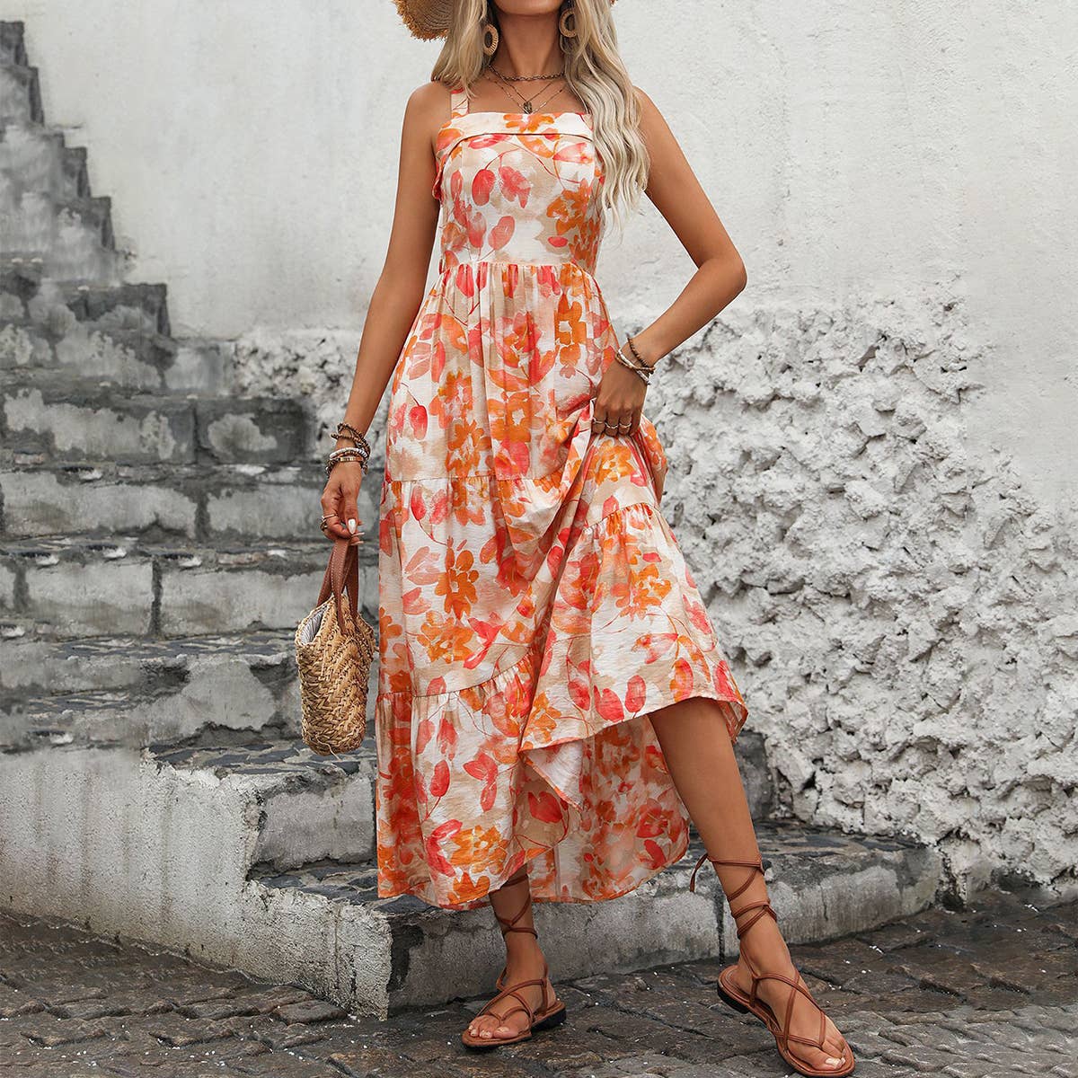 V-neck halter dress sweet spicy floral prints