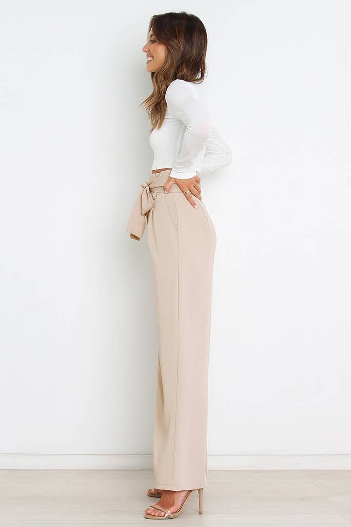 WOMEN TIED WAIST WIDE LEG OFFICE WORK PANTS