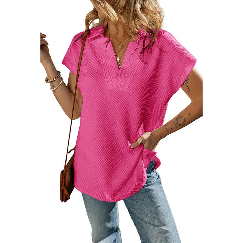 Solid-color V-neck slit short-sleeved T-shirt