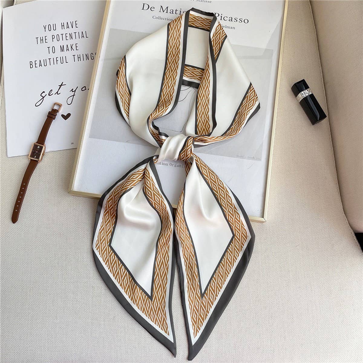 THIN SIMPLE GEOMETRIC LONG SILK HEAD SCARF