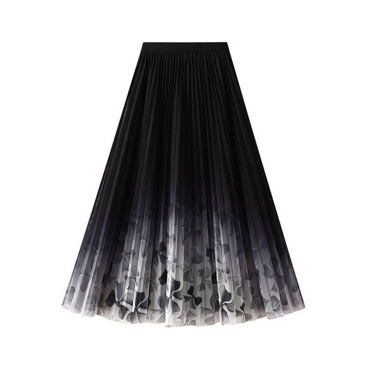 Floral Print Tulle Pleated Midi Skirt