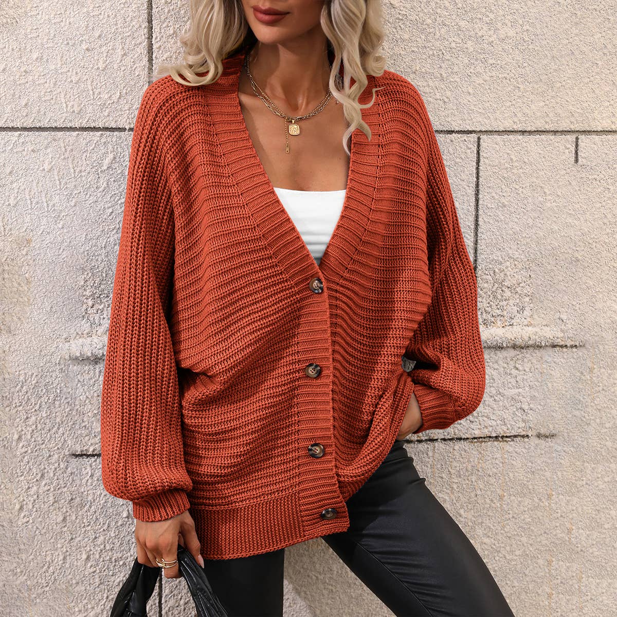 Solid color knit cardigan loose sweater