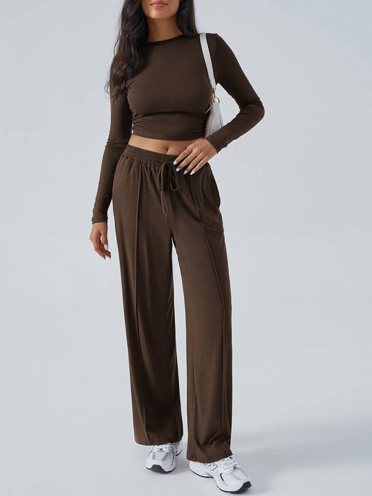 TEMPERAMENT ROUND NECK TOP WIDE LEG PANT SUIT