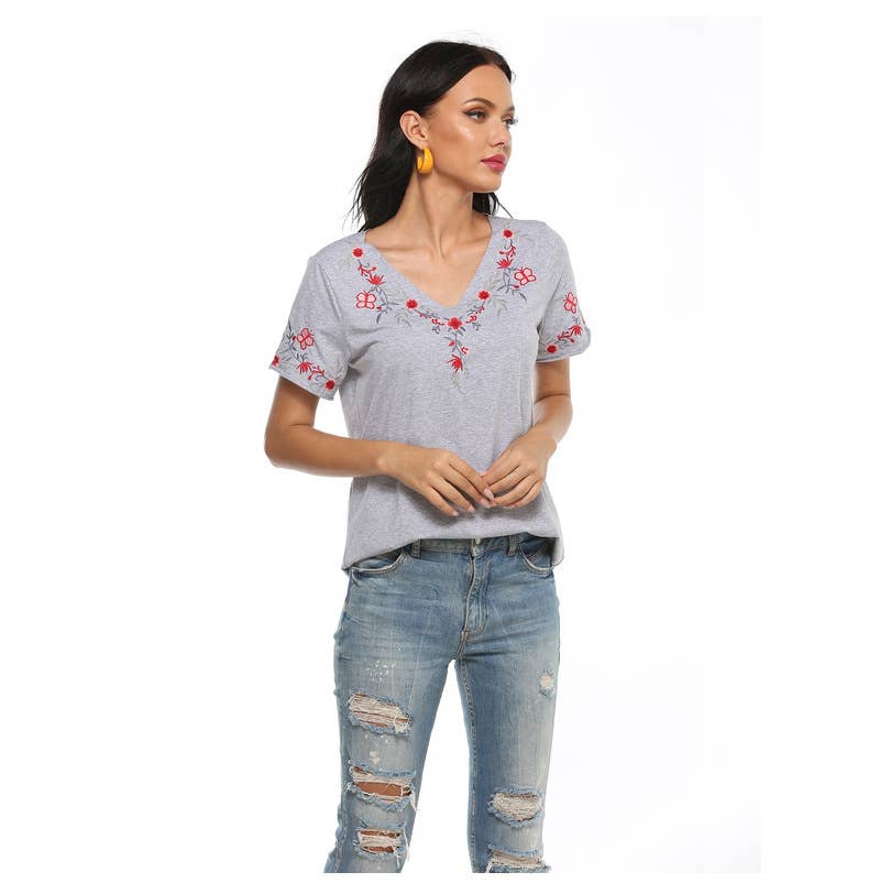 V-NECK FLORAL EMBROIDERED BLOUSE