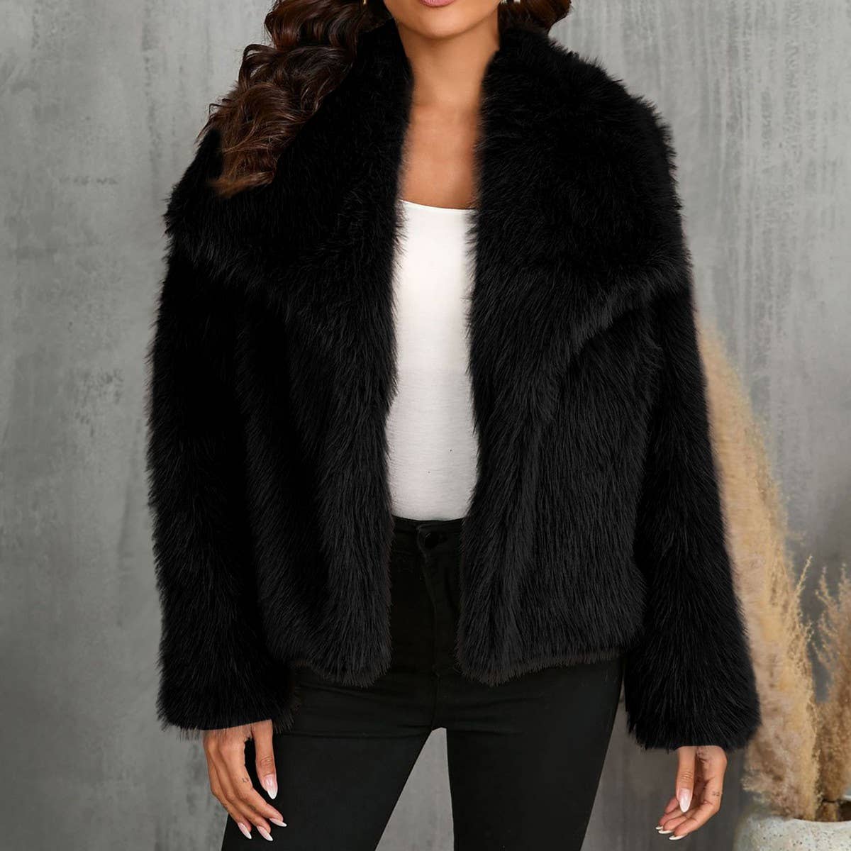 Faux Fox Fur Short Coat with Large Lapel