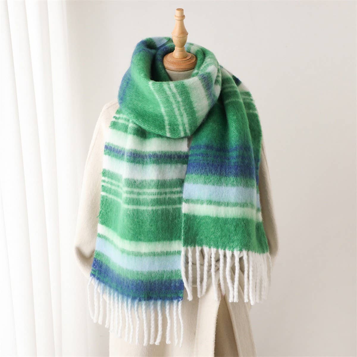 Color Stripe Fluffy Tassel Scarf for Winter