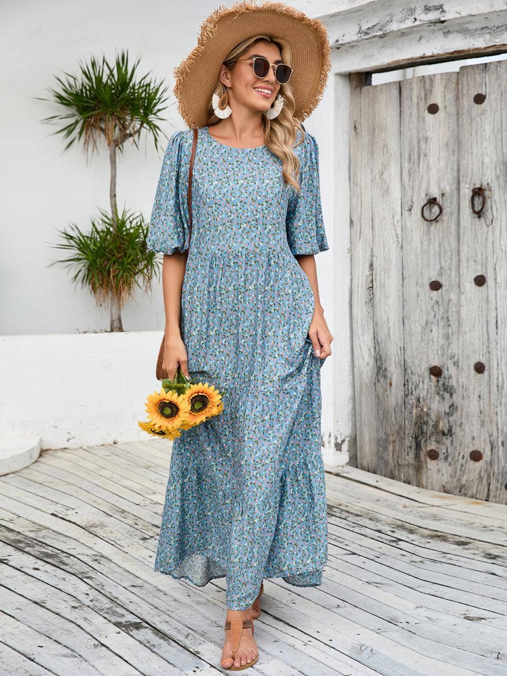 Puffy sleeve crew neck floral print long dress