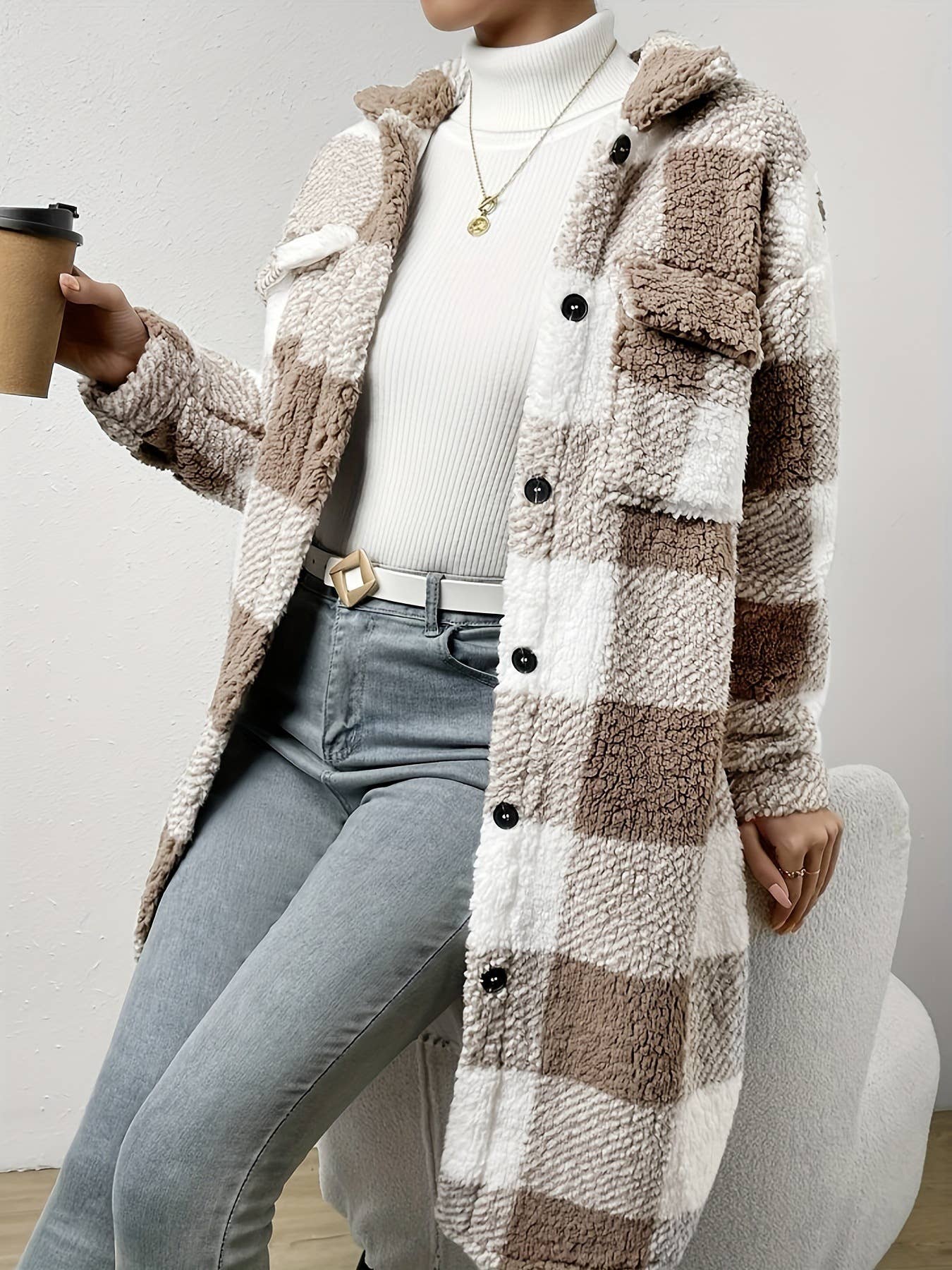 Double-sided plush checkered long lapel cardigan