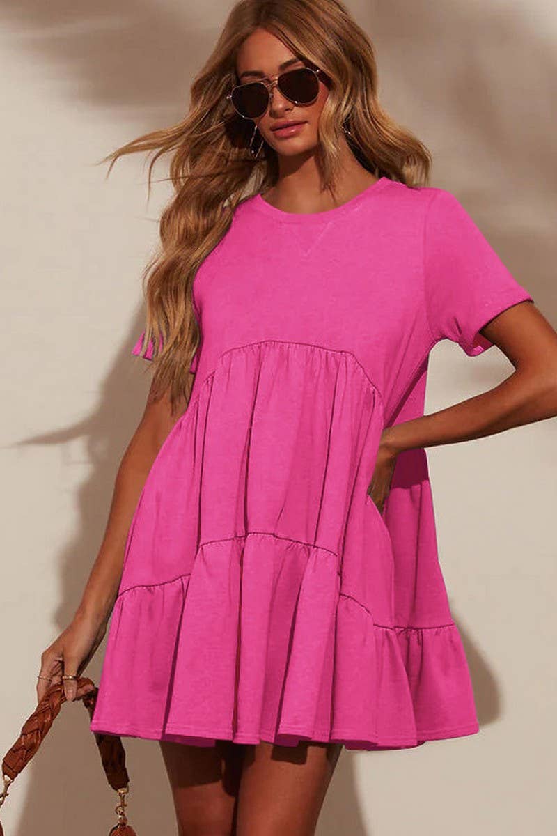 CWDSD7774_CASUAL POCKETED SHORT SLEEVE RUFFLED DRESS