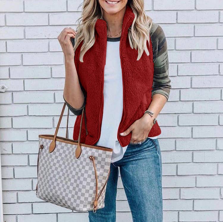 SOLID COLOR FLEECE VEST CARDIGAN ZIPPER COAT