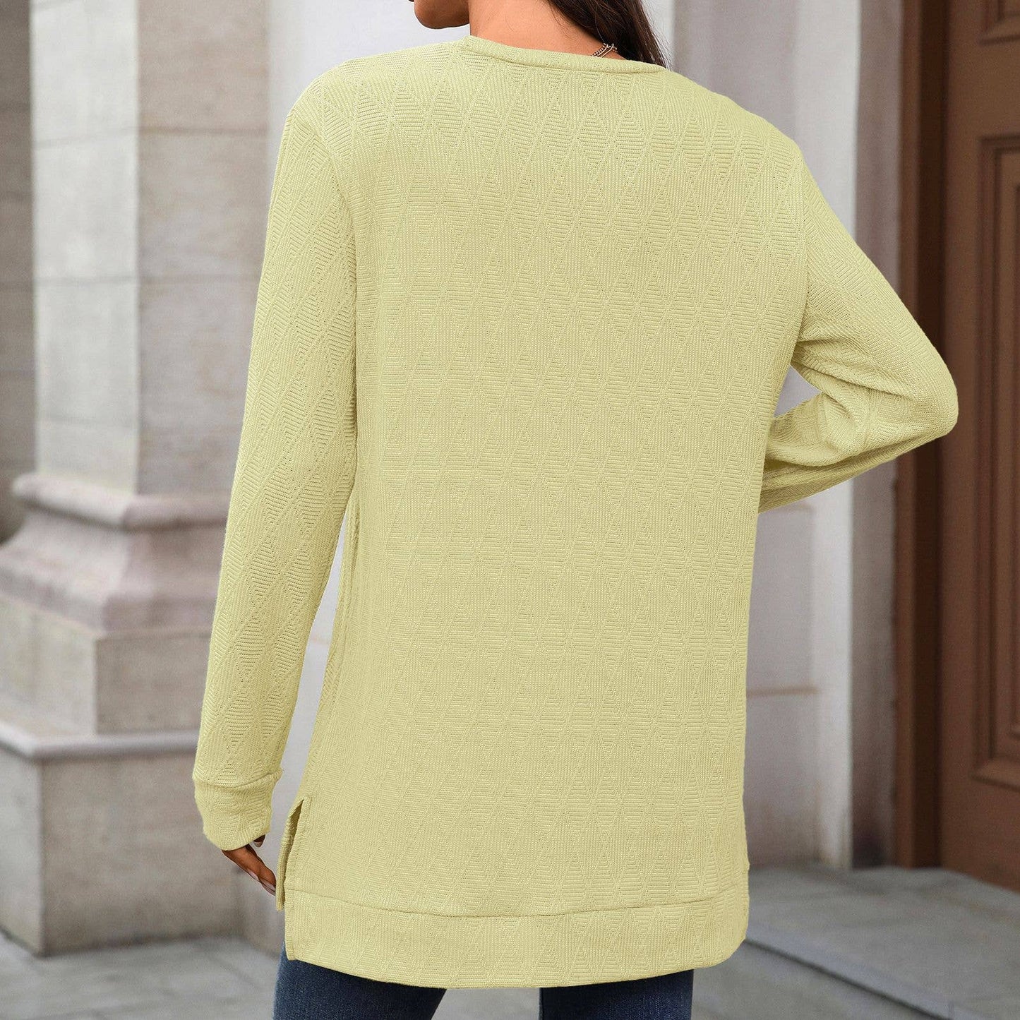 Round-neck knitted jacquard long-sleeved T-shirt