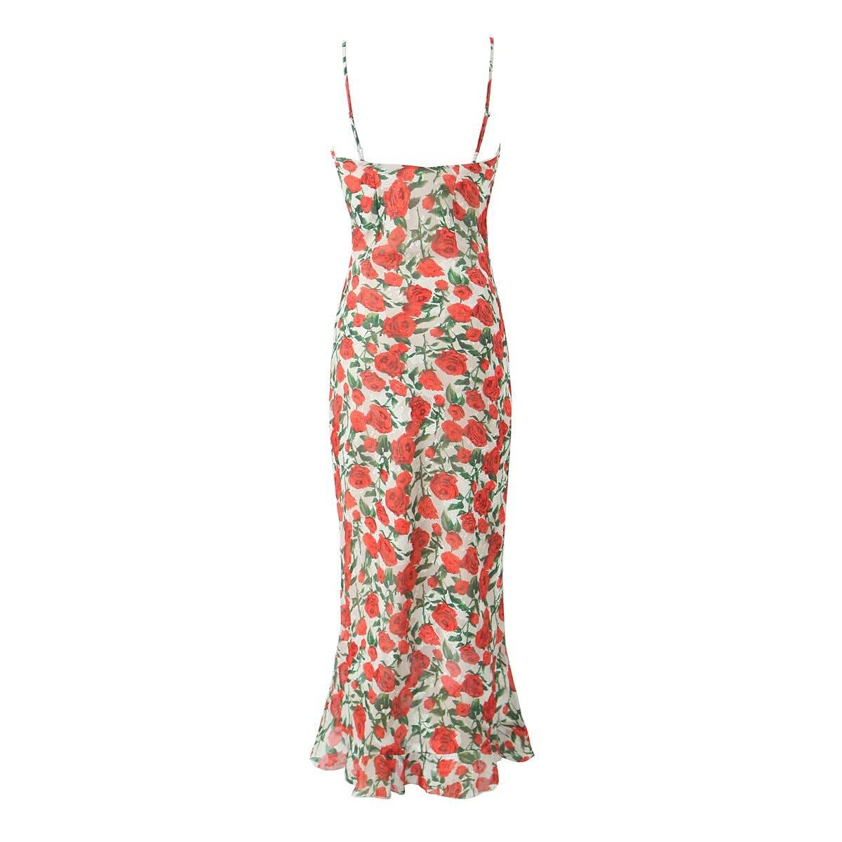 SLIM-FIT FISHTAIL FRENCH ROSE FLORAL HALTER DRESS