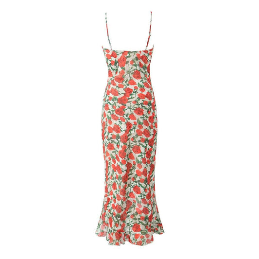 SLIM-FIT FISHTAIL FRENCH ROSE FLORAL HALTER DRESS