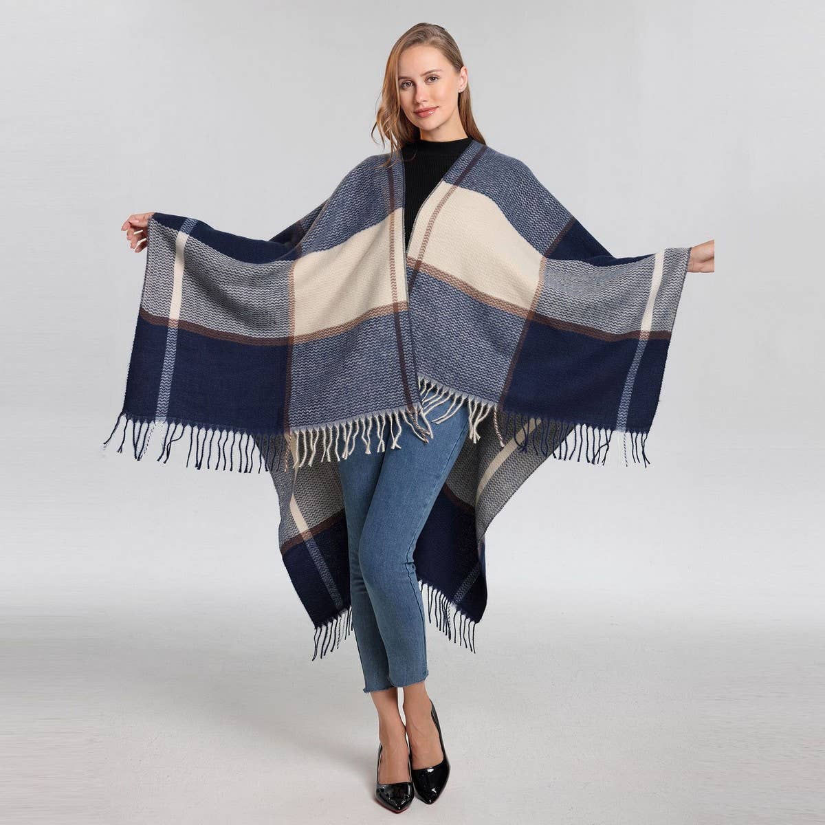 FRINGED SHAWL PLAID SCARF FAUX CASHMERE SLIT CAPE