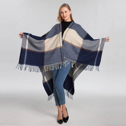 FRINGED SHAWL PLAID SCARF FAUX CASHMERE SLIT CAPE