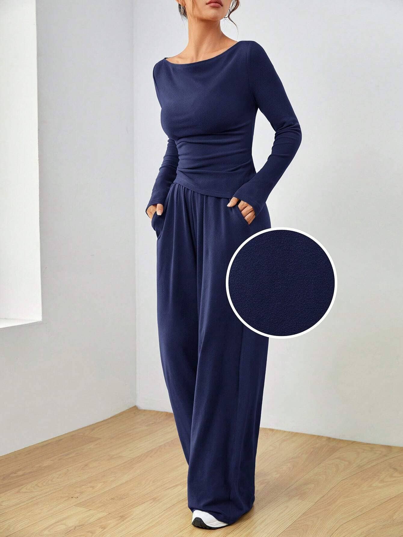 Solid-color long-sleeved wide-leg long pants set