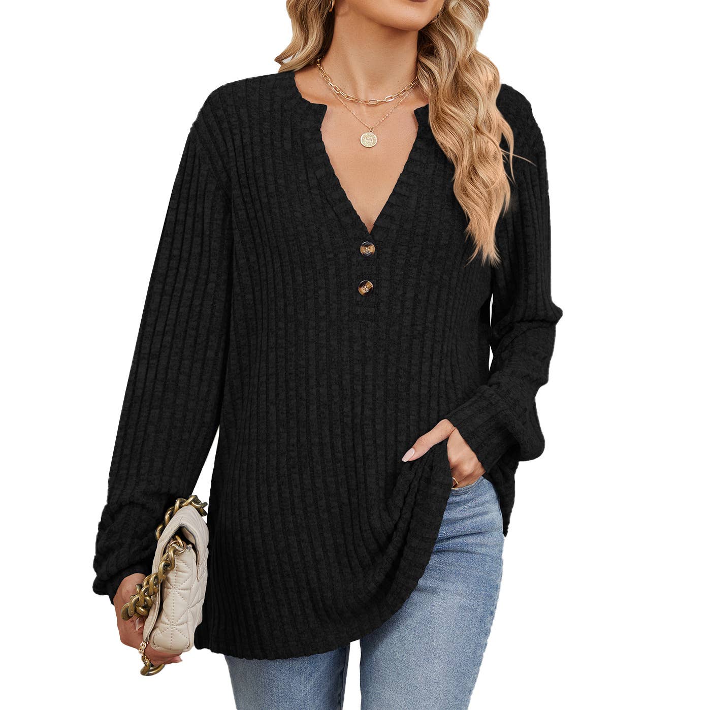 V-NECK BUTTON-DOWN LONG SLEEVED LOOSE T-SHIRT