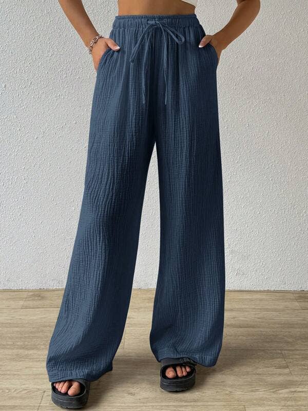 Elastic waist casual solid color wide-leg pants