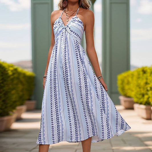 Printed halter strap V-neck halter dress