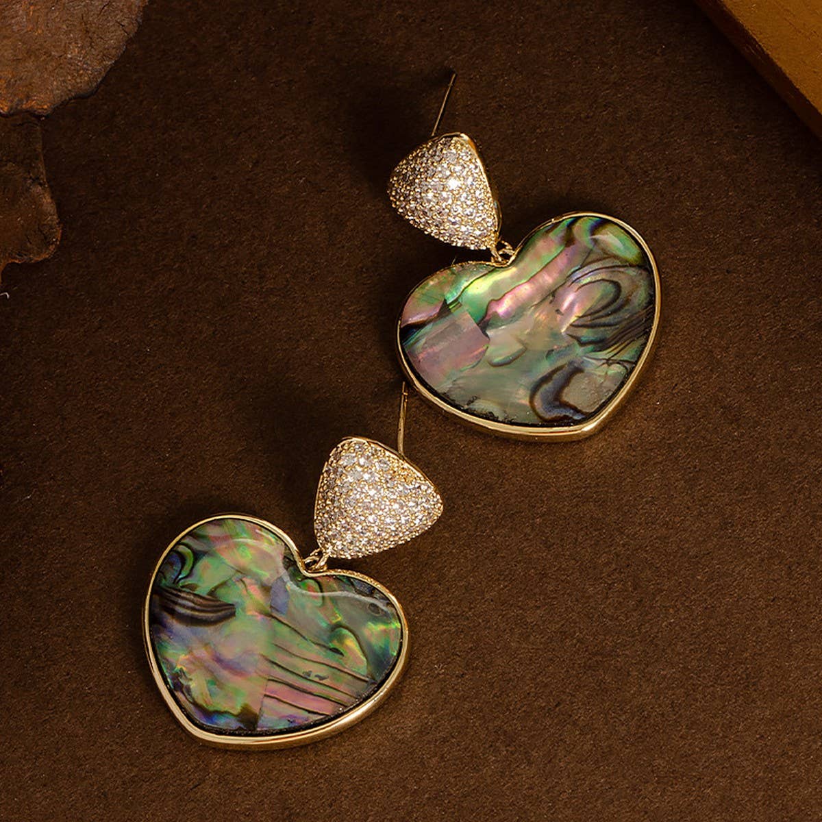 COPPER PLATED GOLD DIAMOND ABALONE EARRINGS