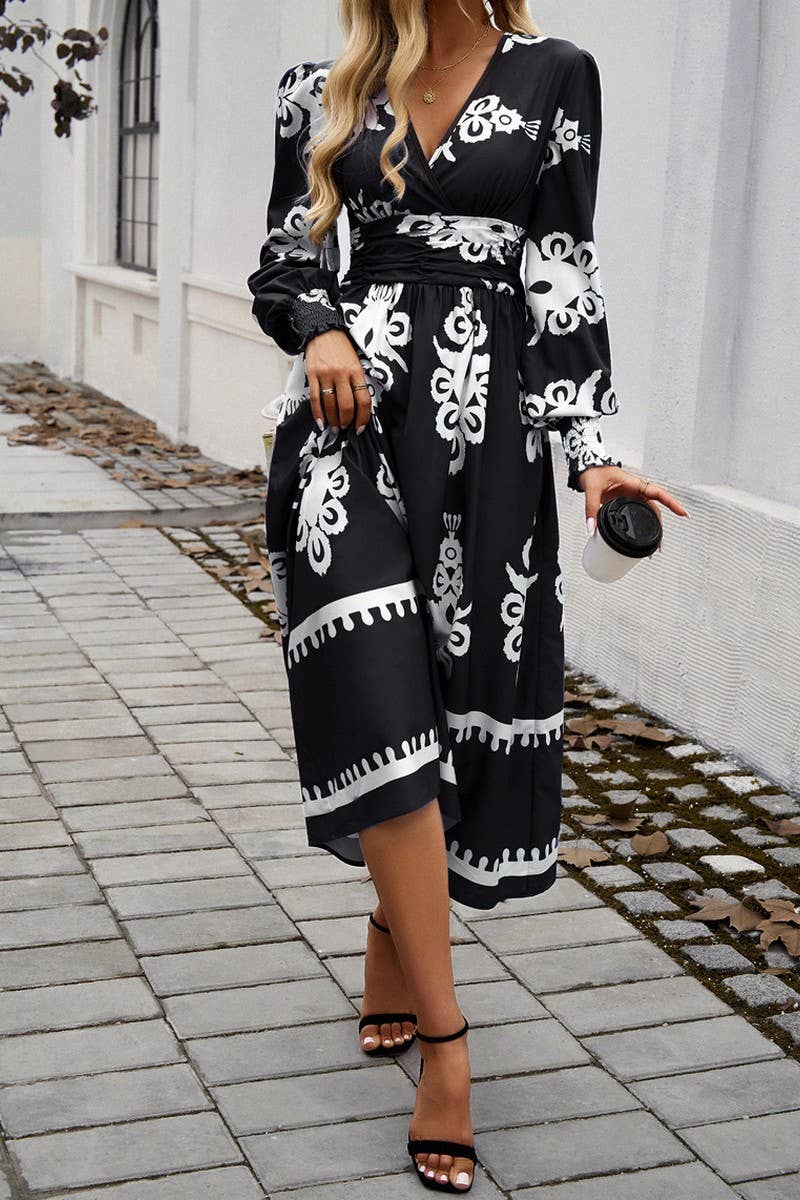 CWDMD4866_V-NECK ELEGANT CONTRAST COLOR LONG SLEEVE DRESS