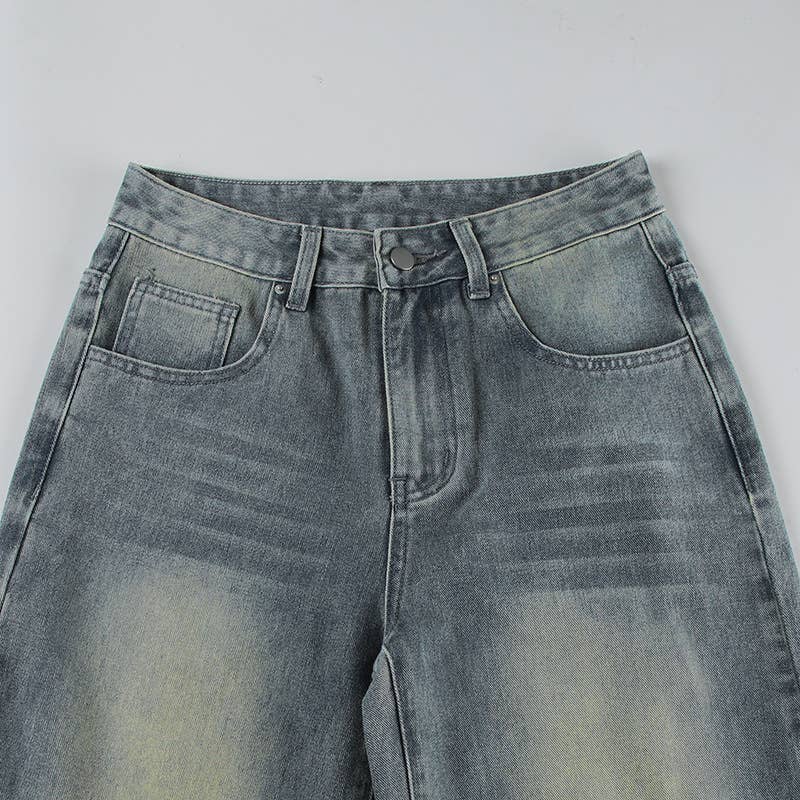 Retro washed and aged low-rise jeans