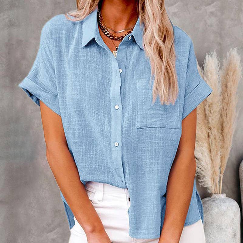 Lapel solid color casual cotton linen shirt