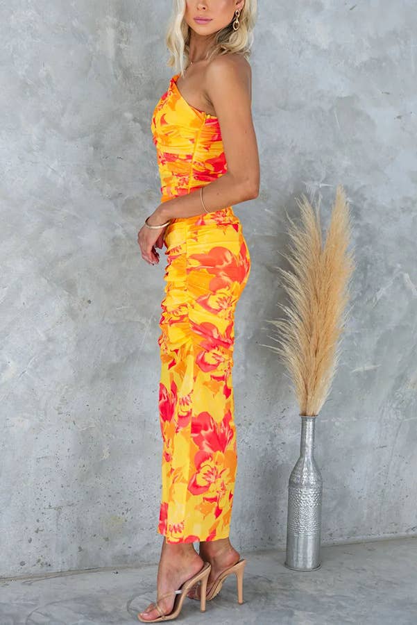 PRINTED STRETCH DRESS WITH HIP SHOULDER WRAP