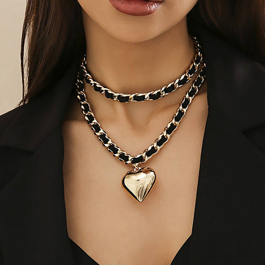 VINTAGE HEART SHAPE PENDANT DOUBLE LAYER NECKLACE