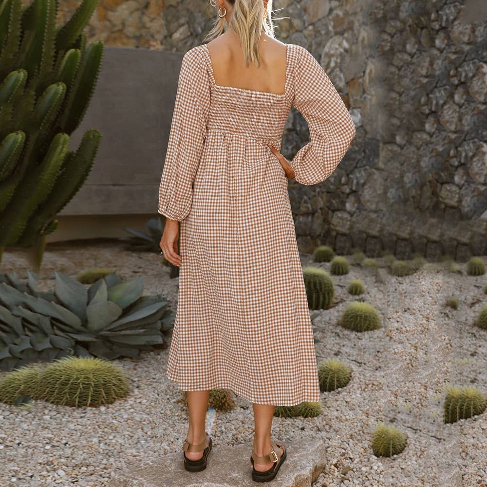 Square collar plaid loose swing mid-length dress