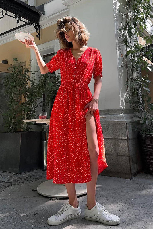 CWDMD5265_V-NECK POLKA DOT WAIST SLIM MIDI SPLIT DRESS