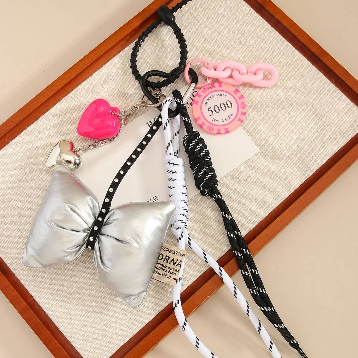 Elegant Bow & Heart Keychain with Poker Chip
