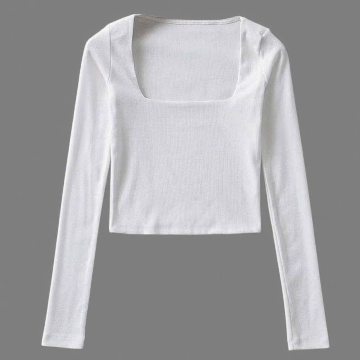 Square-neck solid-color long-sleeved T-shirt