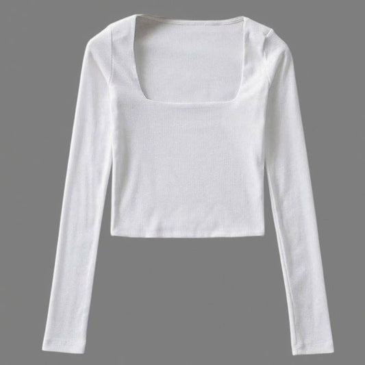 Square-neck solid-color long-sleeved T-shirt