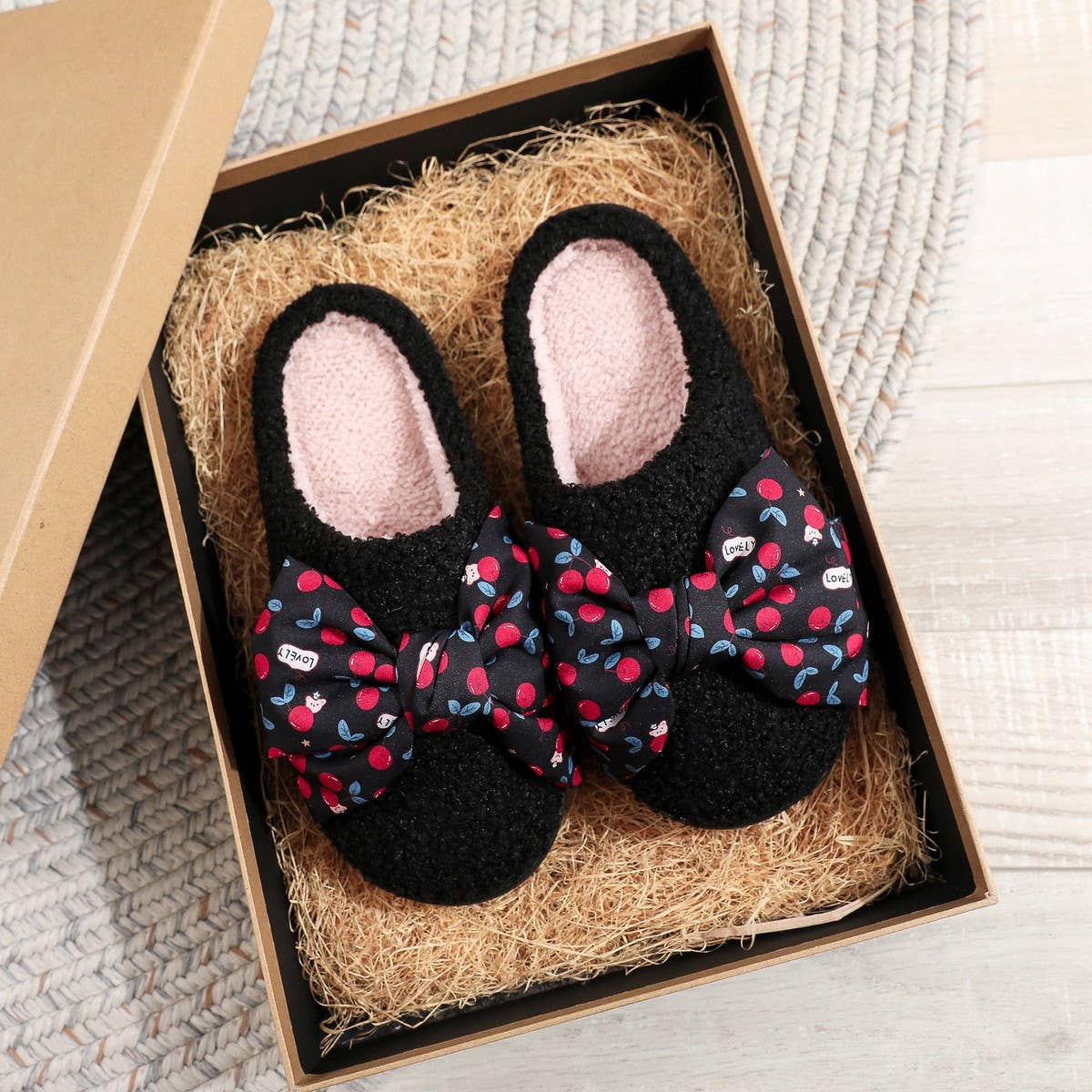 Cute Cherry Bow Slippers Thick Warm Indoor Shoes_CWSHF00212