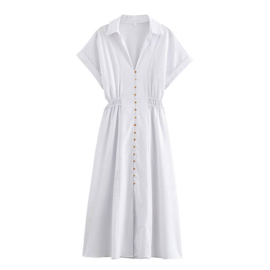 Stylish linen mixed waist one-breasted dress
