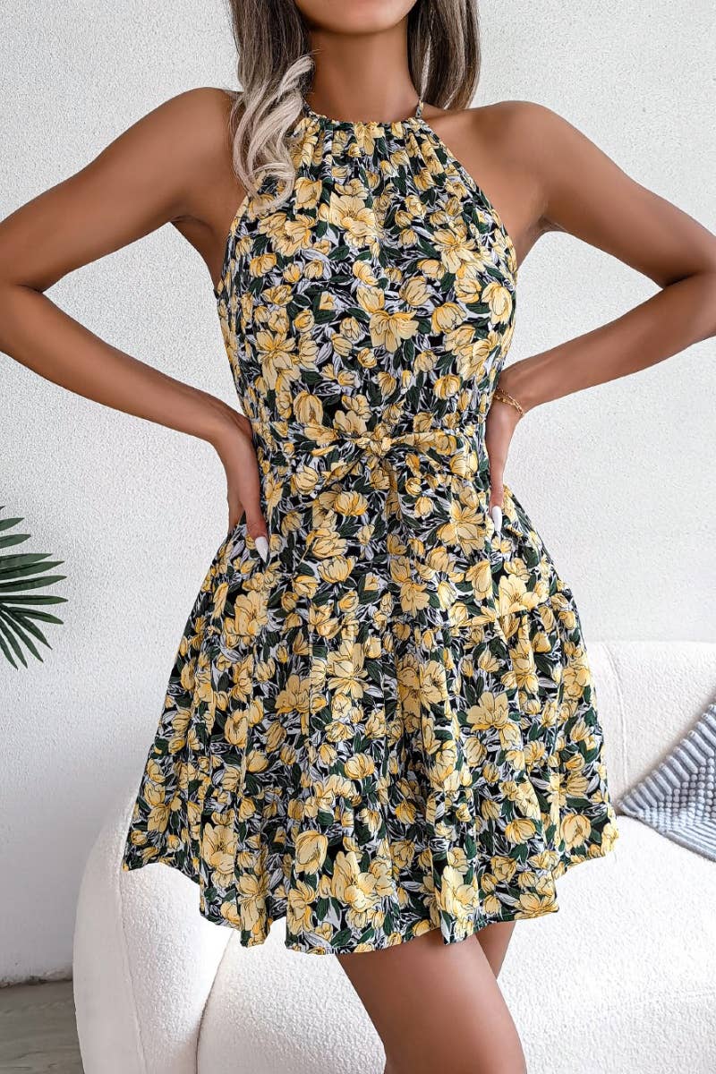 CWDSD4681_SUMMER CASUAL RUFFLED FLORAL SWING DRESS SHORT