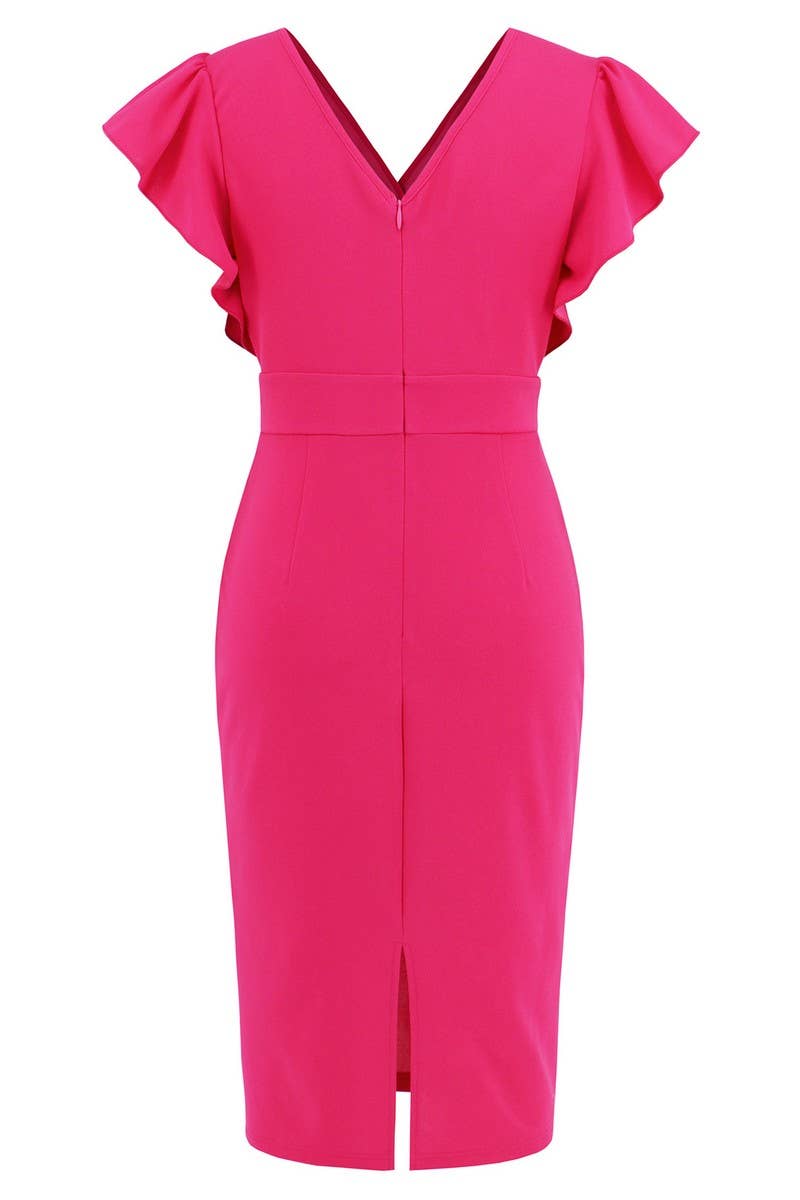 CWDMD2204_V-NECK RUFFLED TRIM TEMPERAMENT DRESS