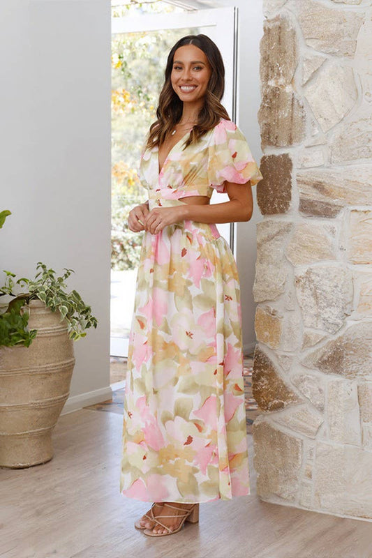 Sexy slim waist hollow V-neck print long swing dress