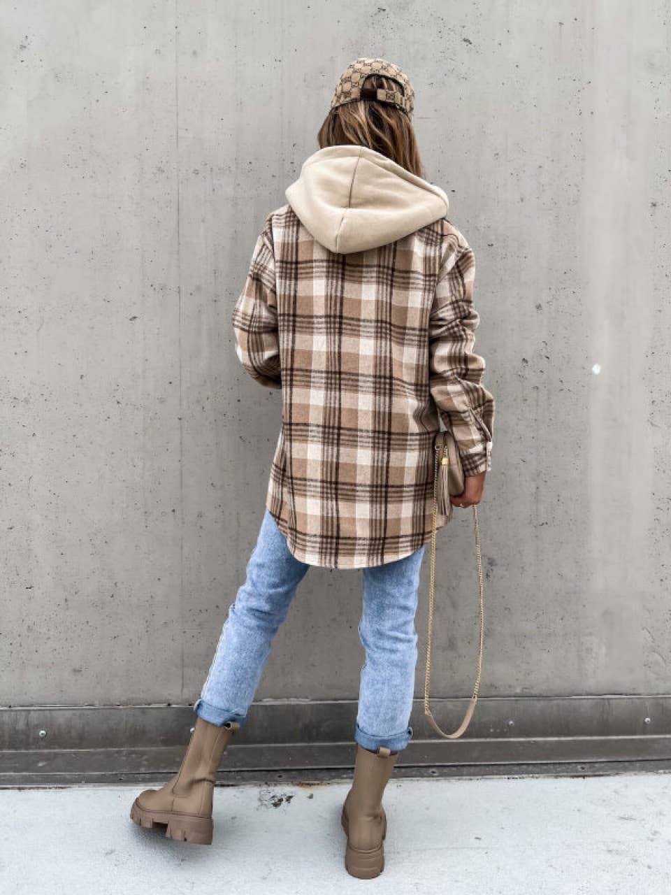 LAPEL LOOSE HOODED (REMOVABLE) PLAID WOOLEN COAT