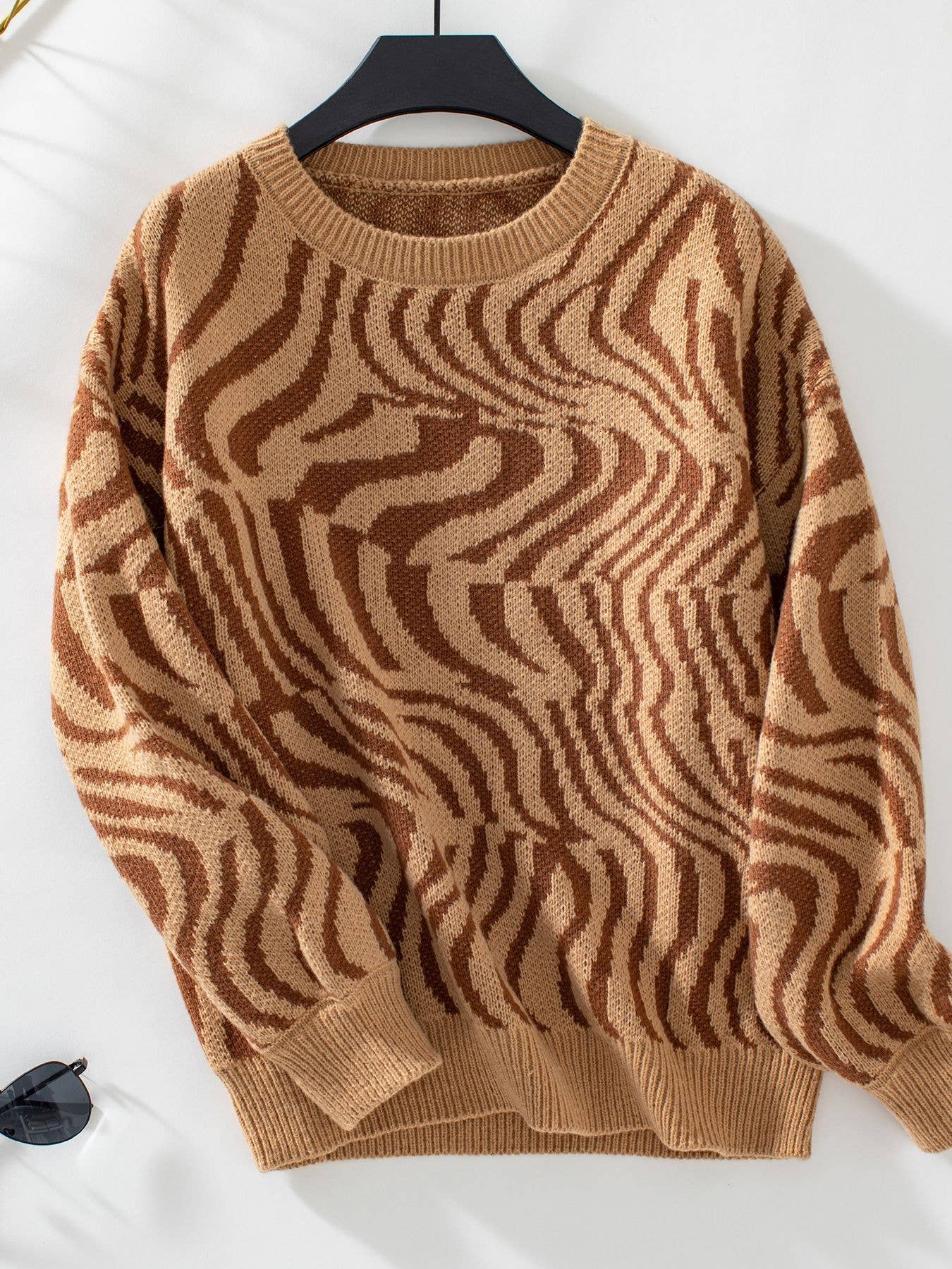ZEBRA-PRINT PULLOVER CREW NECK SWEATER