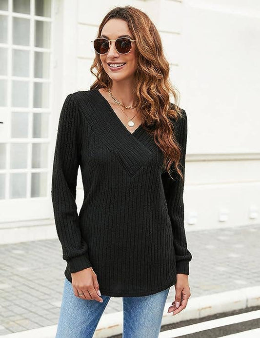 LONG SLEEVE V-NECK PIT STRIP CASUAL TOP