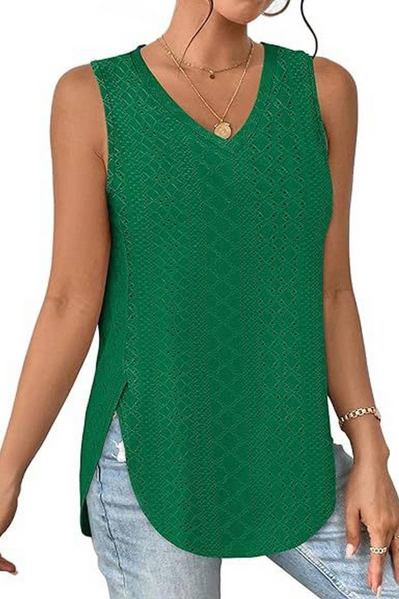 V NECK SLEEVELESS SLIT SOLID COLOR CASUAL SHIRT_CWTSTSL0069