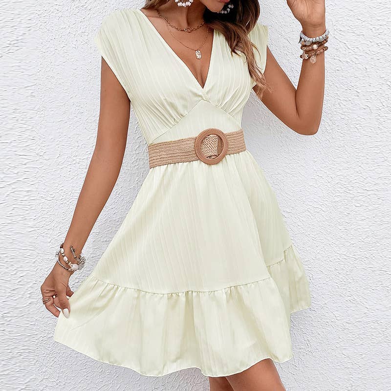 SLEEVELESS V-NECK WAISTLINE SOLID COLOR DRESS