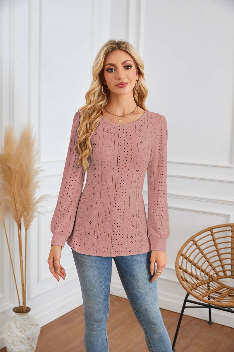 ROUND NECK T-SHIRT WITH HOLES AND PUFFY SLEEVES