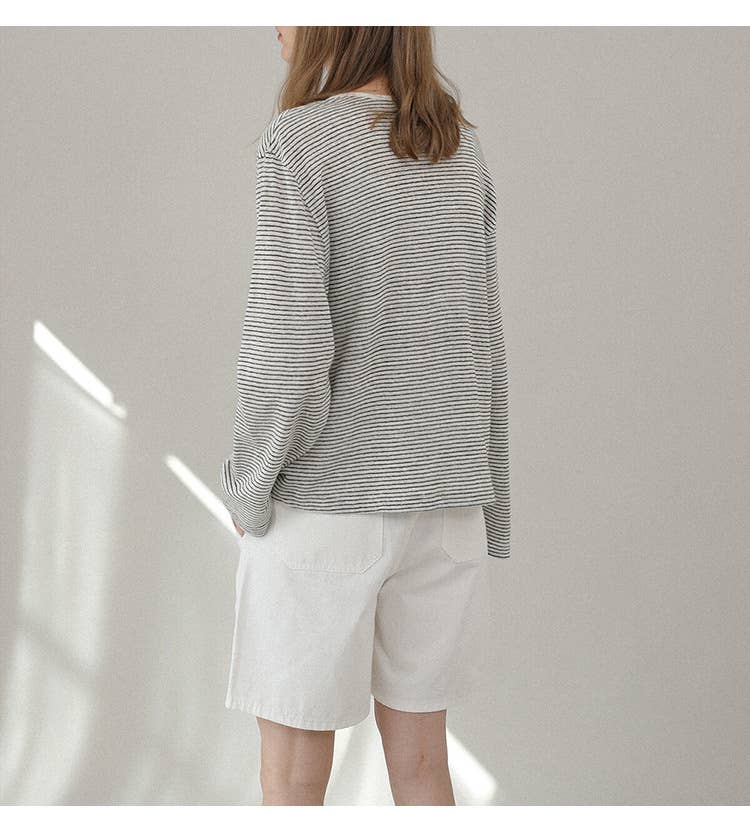 LONG SLEEVE LOOSE COTTON LINEN STRIPED T-SHIRT